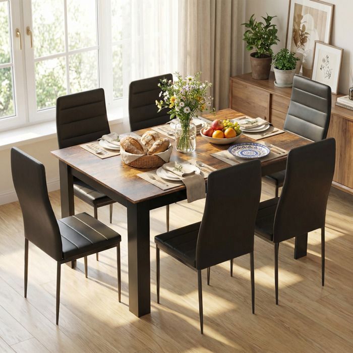 Mondeer ensemble table à manger avec 6 chaises simili cuir table de cuisine pour salle à manger marron rustique et noir