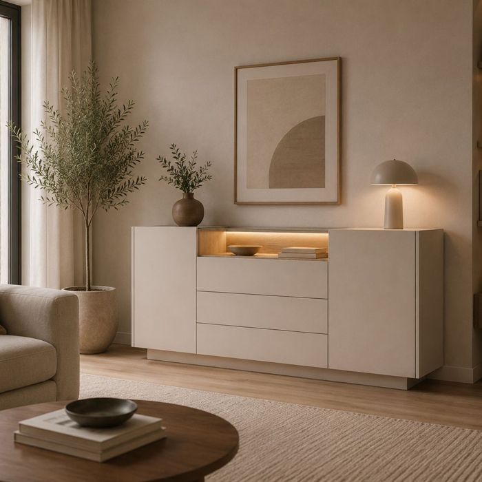 Buffet Haleli Dmora en Bois Mélaminé Beige 176x40x83h cm Buffet Haleli Dmora en Bois Mélaminé Beige 176x40x83h cm