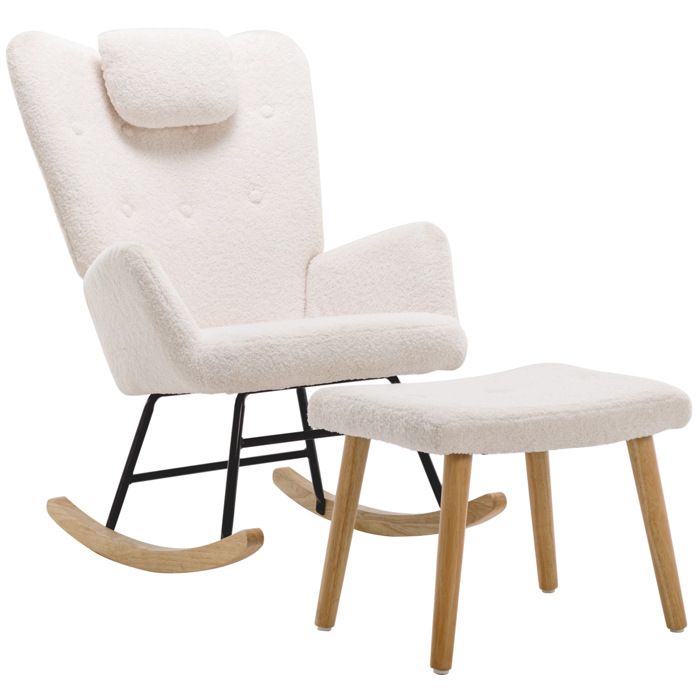 Fauteuil a bascule avec repose-pieds - Blanc - tissu boucle avec tetiere integree - 65 x 82 x 94 cm