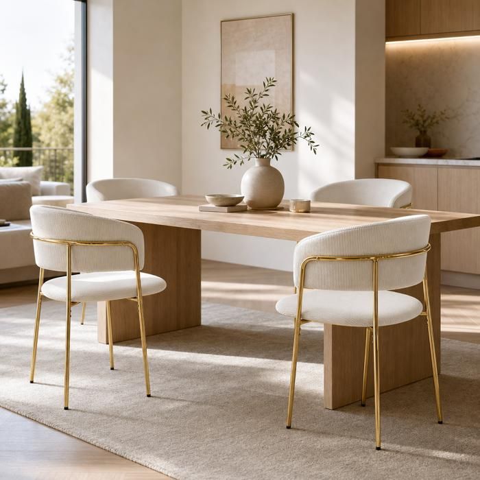 Lot 4 chaises - Zephmum - pieds inclinables réglables velours côtelé beige