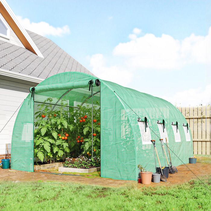 Serre de jardin 4 x 3 x 2 m verte avec bâche 2 portes zippées enroulables 8 fenêtres filet et barres de support