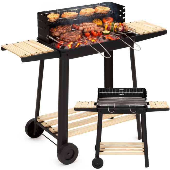 Gril à charbon - SPRINGOS - BQ0030 - rôtissoire avec broche - grille 5 niveaux - roulettes & tablettes
