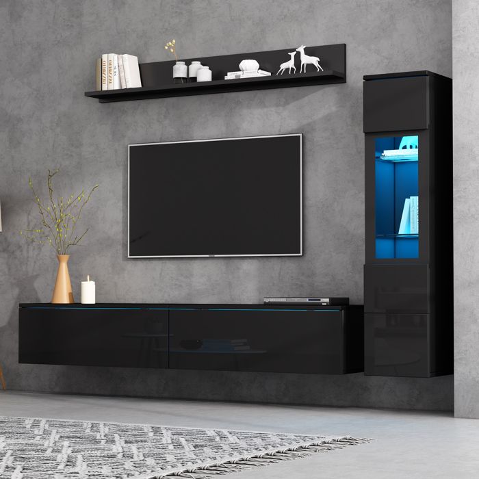 Ensemble mural TV avec éclairage LED - 3 pièces: armoire TV vitrine étagère suspendue - Éclairage LED intégré