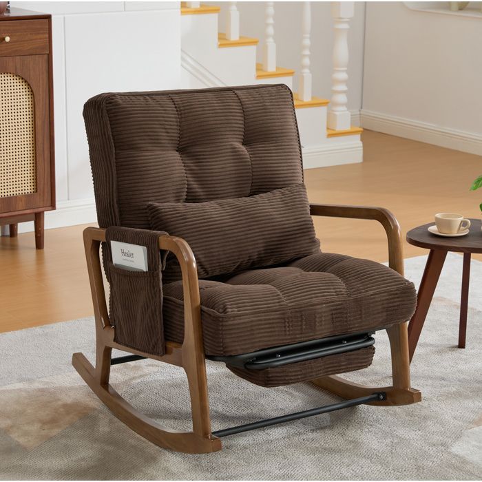 Fauteuil a bascule avec repose-pieds integre en velours cotele marron dossier reglable 3 positions
