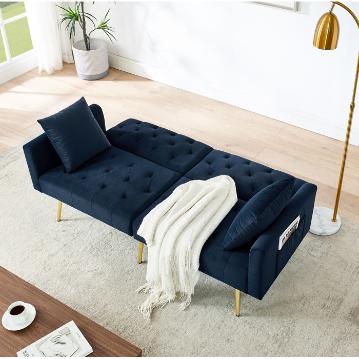 ROVRYN Canape convertible 2 places velours bleu dossier reglable 3 positions 2 coussins pieds metal dores