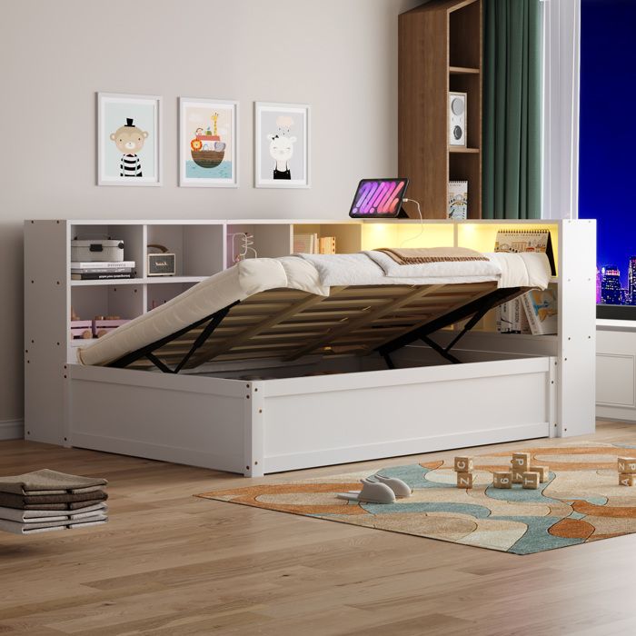 Lit combiné simple 90×200 cm hydraulique LED prise et rangements - YEAVIO - sans matelas bois blanc