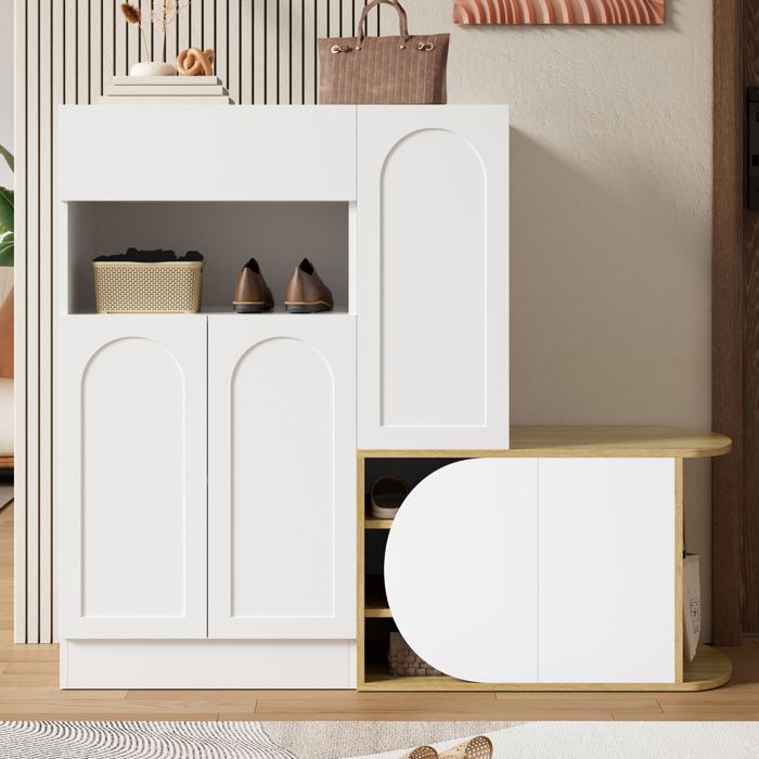Armoire à chaussures avec banc - Dimensions 130x35x1105 cm - Blanc et aspect bois - MDF robuste - 1 tiroir 5 portes