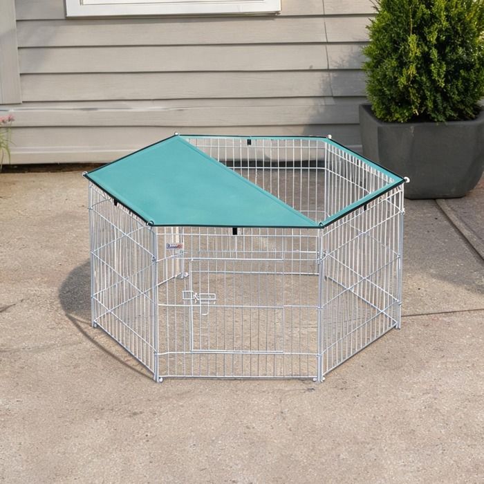 Enclos pliable 6 panneaux en métal avec toit et porte pour chien chat - Argent et vert - 120 x 120 x 60 cm Enclos pliable 6 panneaux en métal avec toit et porte pour chien chat - Argent et vert - 120 x 120 x 60 cm