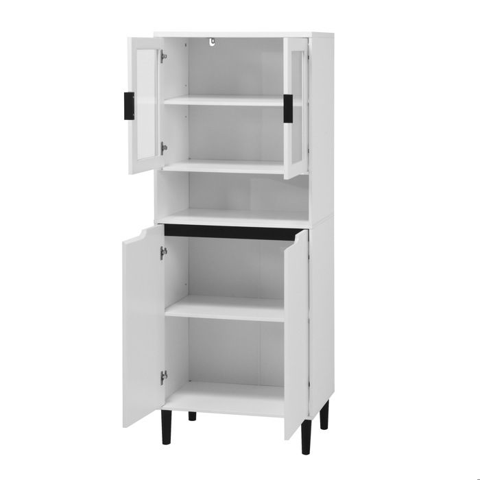 Armoire de rangement haute - 4 portes vitrées et pleines - MDF laqué blanc - 60 x 35 x 160 cm