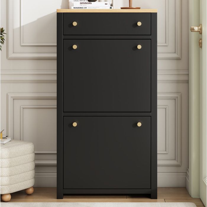 Meuble à chaussures étroit AESVAR avec 1 tiroir et 2 abattants MDF noir aspect bois 50 x 24 x 95 cm