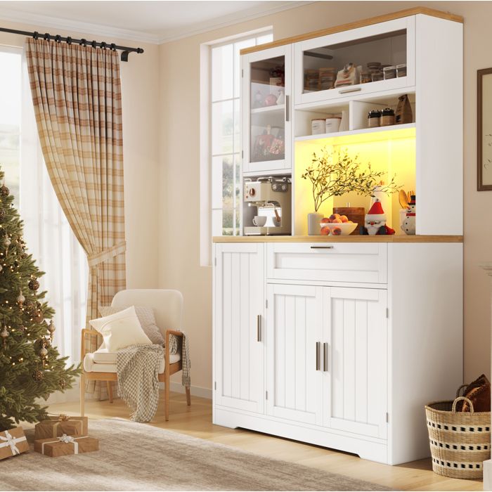 Colonne de cuisine vitrée AESVAR 104 x 40 x 180 cm avec LED USB 3 portes 1 tiroir blanc