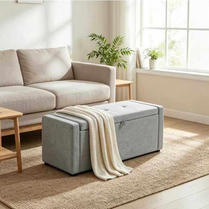MEUBLIV Banc de rangement bout de lit 122 cm avec coffre assise large en tissu gris clair