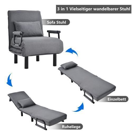 canapé-lit convertible, fauteuil-lit, dossier réglable à 6 positions, fauteuil pliant avec coussin, siège rembourré