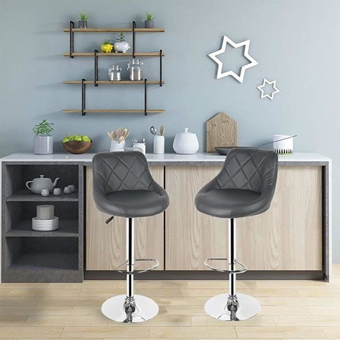Lot de 2 Tabourets de Bar Gris Hauteur Réglable Style Contemporain Chaise de Bar avec Dossier Rembourré