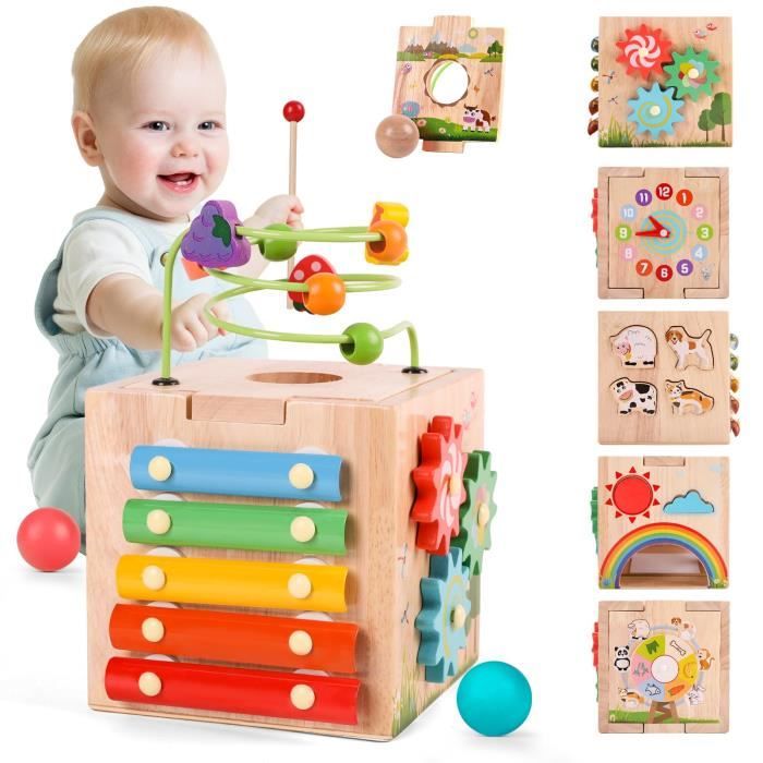 Jouet Bebe 1 an Cube d'Activité Bébé Jeux Montessori Jouet en Bois