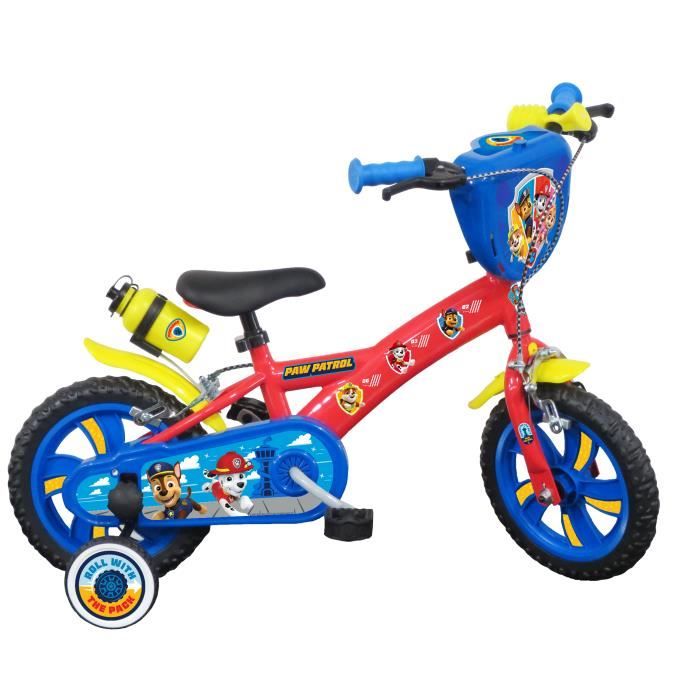 Vélo enfant 12'' Pat Patrouille pour enfant < 90 cm équipé de 2 freins, 2 stabilisateurs, plaque avant décorative + Bidon arrière !