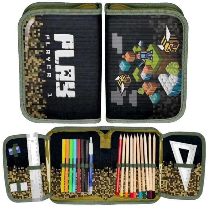 Trousse Minecraft 3 Compartiments Avec Kit De Papeterie Inclus - Idéale Pour L'école, Enfants Et Ados