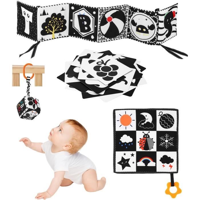 Livre en tissu doux noir et blanc pour bébés, jouets sensoriels à