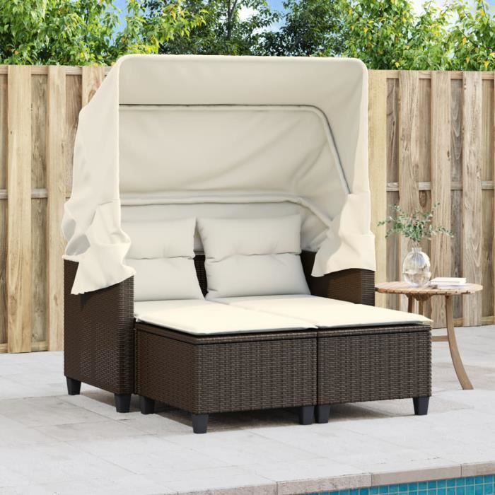 YESM Canapé de jardin 2 places avec auvent et tabourets marron rotin NOUVEAU