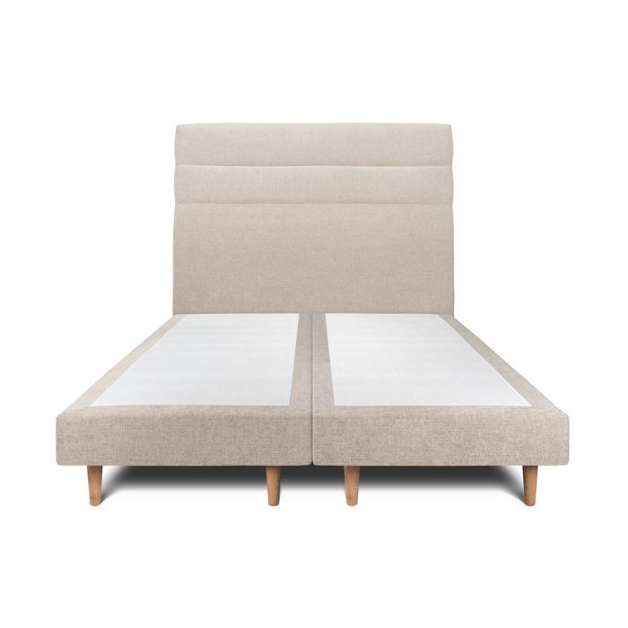 Lit 200x200cm avec tête de lit lignes tissu et double sommier tapissier beige brun - Hauteur totale : 29cm
