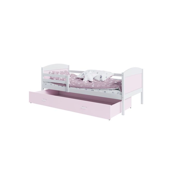 Lit enfant mateo 90x190 blanc - rose livr&eacute; avec sommiers, tiroir et matelas en mousse de 7cm
