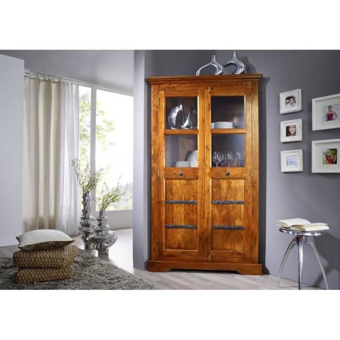 armoire d'angle avec vitrine - bois massif d'acacia laqué (miel) - style colonial - oxford 0410