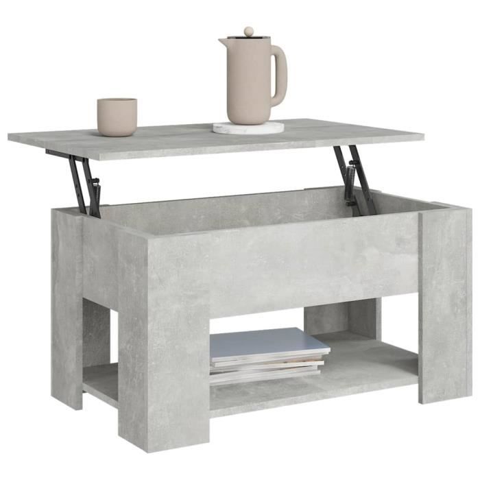 Table basse - CHG - Gris béton - Bois dingénierie - Dessus relevable - Rangement caché