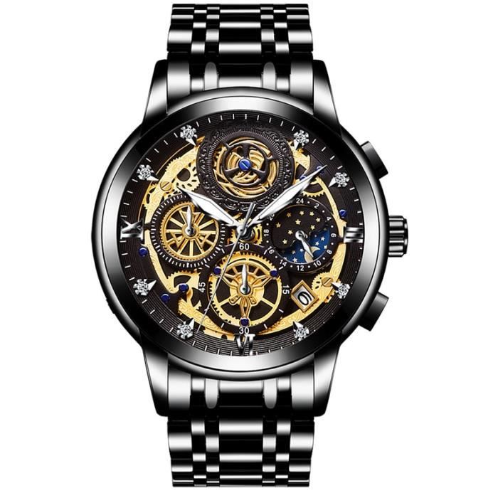 Montres montre a Quartz en acier inoxydable pour hommes marque de luxe chronographe calendrier sport nouvelle mode Type All Black Achat vente montre Homme Acier Cdiscount