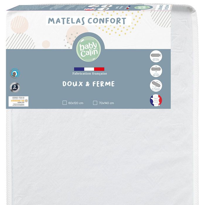 Matelas lit Confort - BABYCALIN - 70x140cm - 24KG/M3 - Anti-acarien et bactérien Matelas lit Confort - BABYCALIN - 70x140cm - 24KG/M3 - Anti-acarien et bactérien