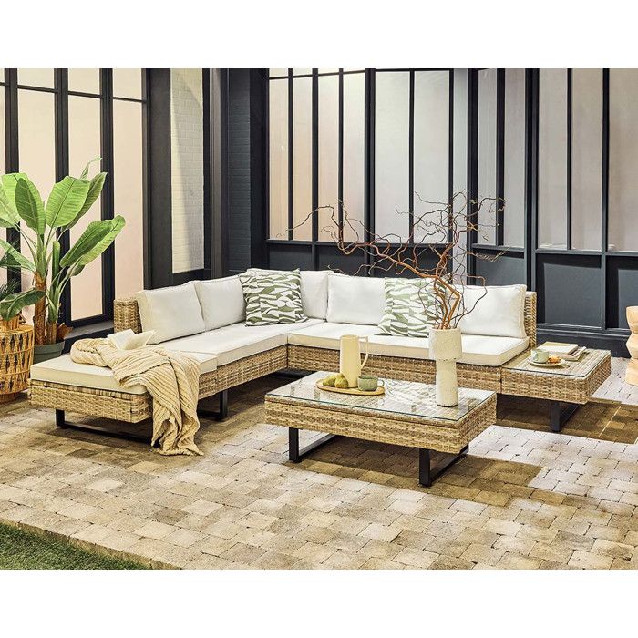 Sashi – salon de jardin dangle en résine beige et grise - 5 places - coussins gris clair et table incluse - Gris