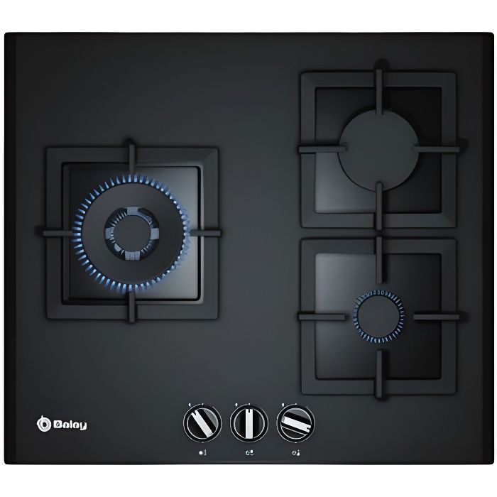 Plaque au gaz avec 3 feux verre noir 60 cm Plaque de cuisson haut de