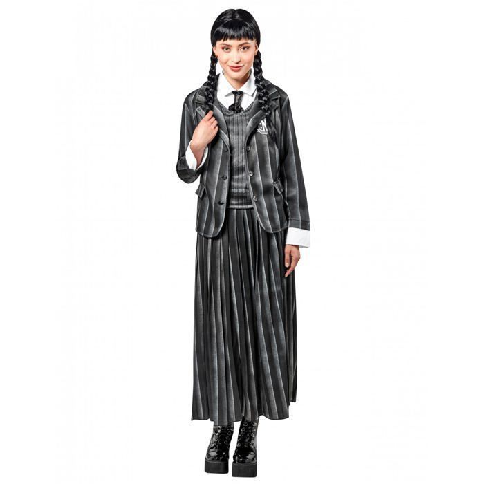 Robe Mercredi Addams Pour Fille - Déguisement Cosplay Noir, Col Boutonné, Tulle, Taille Réglable, Halloween