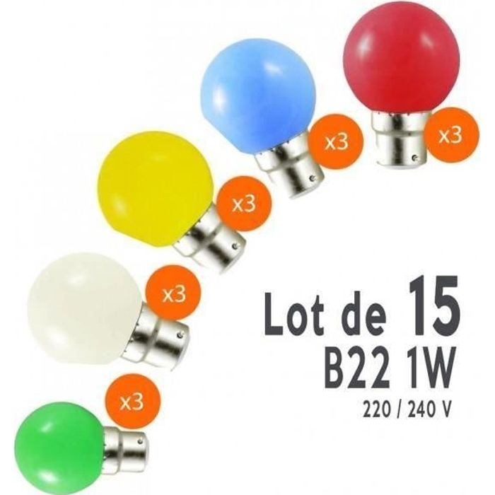 Ce lot est composé de 15 ampoules led B22 de décoration. Ces ampoules