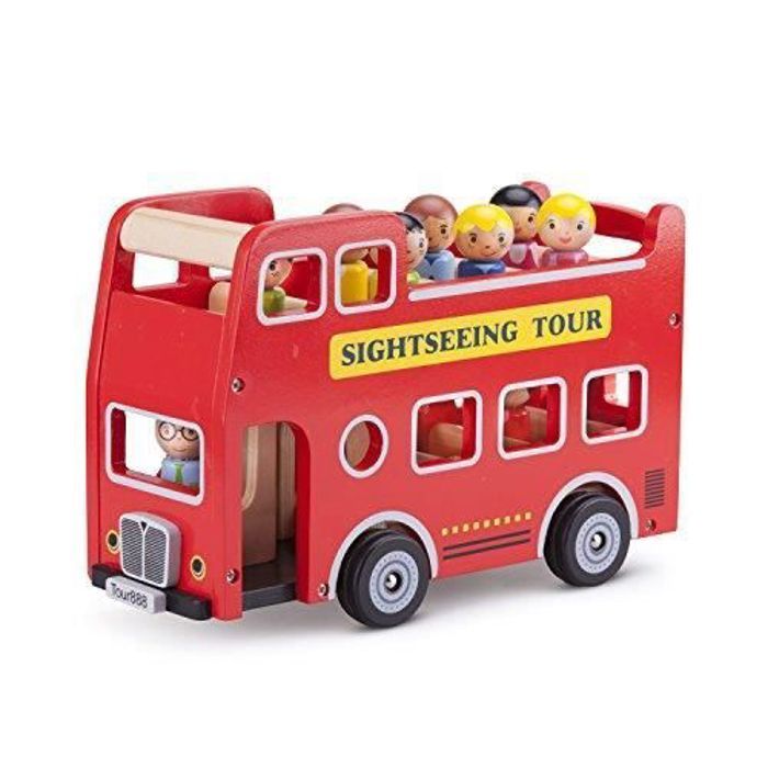 Bus de ville en bois - New Classic Toys - City Tour Bus - 9 figurines - Jouet éducatif - Rouge