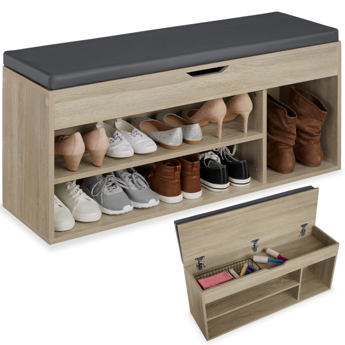 Banc &agrave; chaussures NATALYA avec coussin d'assise 104x30x49cm effet Bois
