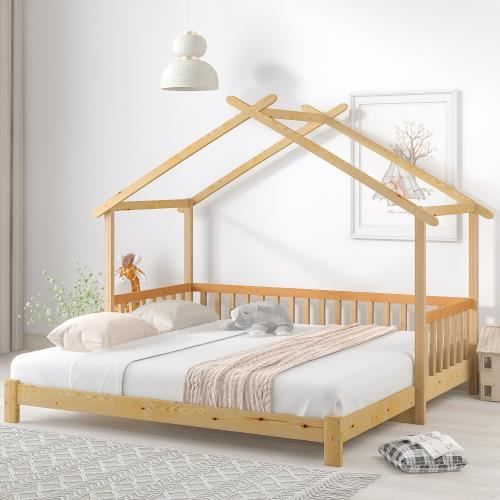 simple et double lit enfant cabane dans les arbres extensible,lit cabane ,lit de repos,lit bois massif pur,blanc + naturel,200x90cm