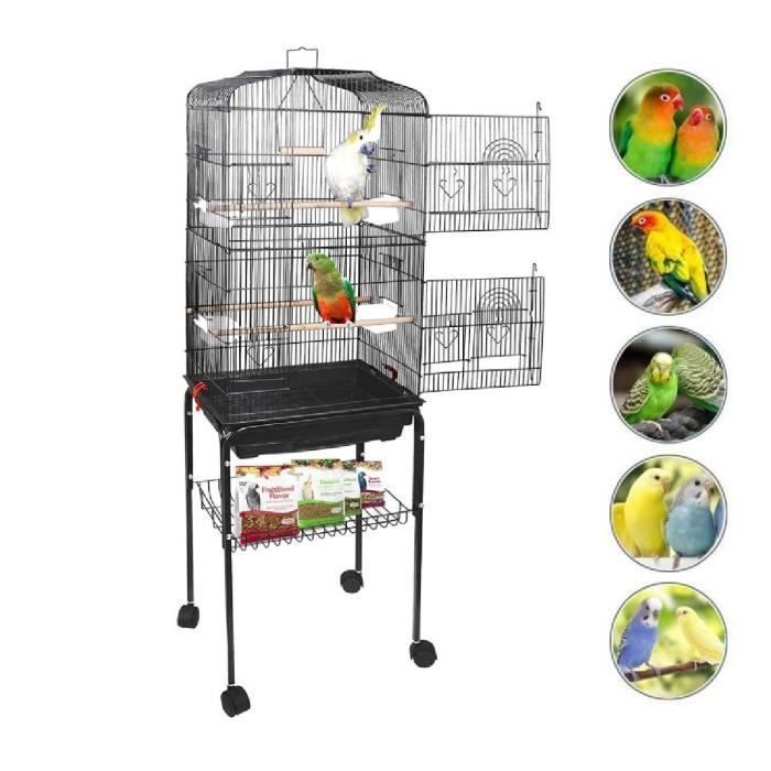 Meilleurs prix pour 150cm Cage à Oiseaux portable avec Support Roulant, Willonin® Volière à roulette avec mangeoires et perchoirs pour Perruche