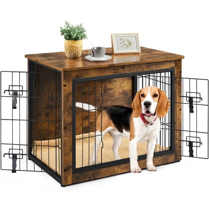 Meilleurs prix pour YAHEETECH Cage pour Chien en Bois 2 Portes Grillagées 80,5 cm L × 55,5 cm l × 64 cm H Industriel avec Tapis Pelucheux Antidérapant
