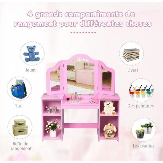 DREAMADE Coiffeuse Enfant Fille Rose Et Blanc – Miroir Lumineux Coloré, Étagères, Bibliothèque, Tiroir, Chaise Incluse, Accessoires Maquillage, Pour 3 Ans Et Plus