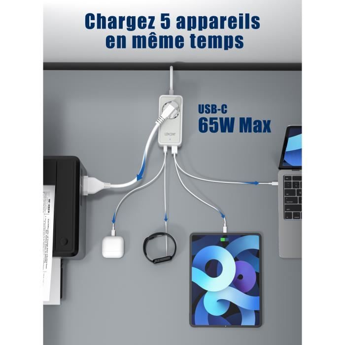 LENCENT Chargeur Rapide USB C 65W,GaN III Tech,5 en 1 Bloc Multiprise avec  câble 1,5M,1 Prise AC Secteur+4 Ports USB,2500W MAX - Cdiscount Téléphonie
