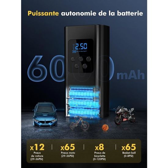 Gonfleur De Pneus électrique Portatif 6000mAh - 4 Modes Prédéfinis, Double écran, Fonction Power Bank - Débit 45L/min