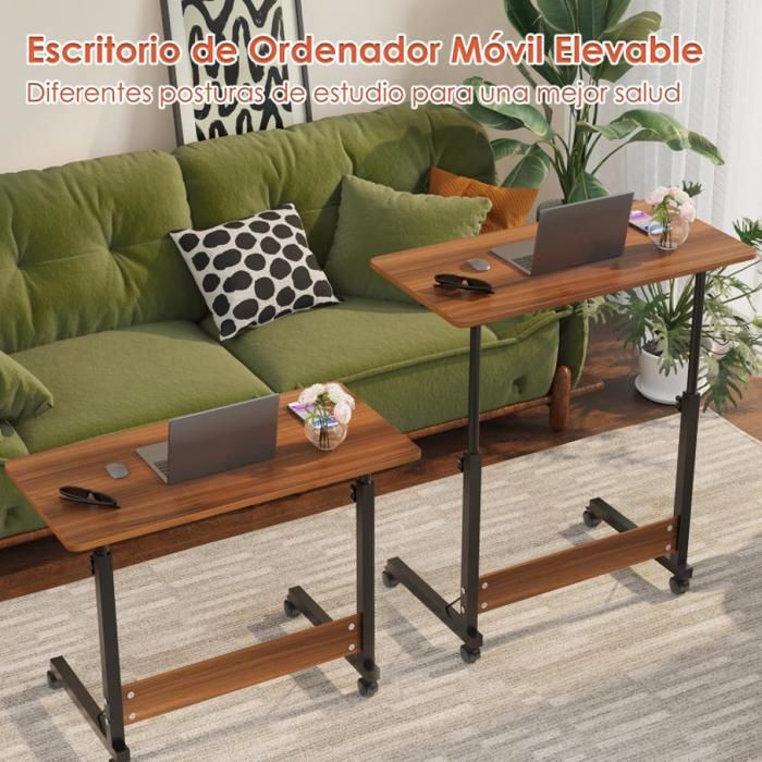 Table D’Appoint Réglable En Hauteur Avec Roulettes – Support PC, Canapé, Bureau, Salon, 56,5 X 37 Cm, Hauteur 63-95 Cm, Noir