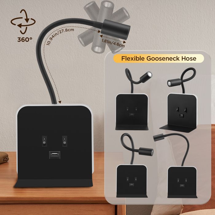 Applique Murale LED 3 En 1 Avec Lampe De Lecture Et Port USB - 3W/3000K + 9W/6000K - Noir