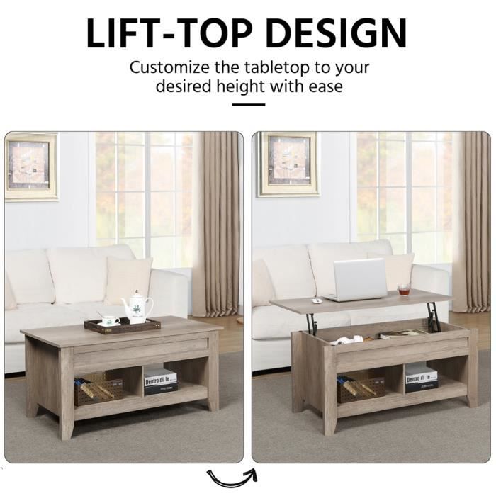 Yaheetech Table Basse Relevable Gris – Plateau Ajustable 49-63 Cm, Rangement Ouvert + Compartiment Secret, Design Moderne