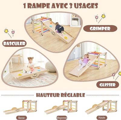 Triangle D'Escalade Enfant 7 En 1 GOPLUS - Bois Modulable Avec Toboggan Et Bascule - 60kg Capacity