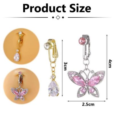 Faux Piercing Nombril 4 Pièces - Clip Sans Perçage - Styles Papillon, Lune, Marguerite, Libellule