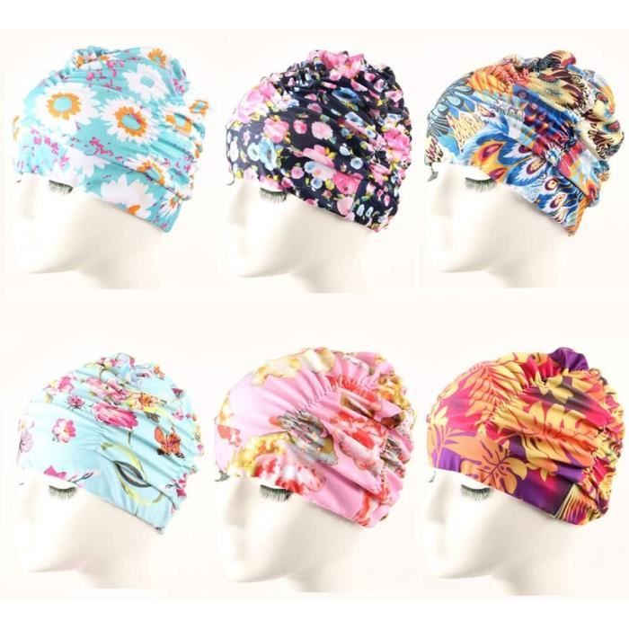 Bonnet De Bain Cheveux Longs Femme – Chapeau Natation Tissu Plissé Élastique Réglable Motifs Tendance (Feuille/Paon/Fleur)
