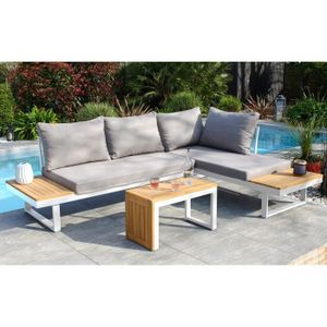 Ensemble Salon Jardin 4-5 Places – Canapé D’angle + Table Basse – Cadre Fer Galvanisé, Coussins épais – Gris – Pour Terrasse, Balcon, Jardin - 14