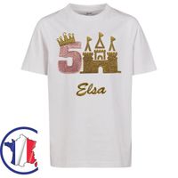 T-shirt anniversaire personnalisé. AGE Château couronne avec des paillettes en couleurs Prénom de l'enfant brodé. Cadeau original