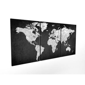 OBJET DÉCORATION MURALE Tableau Panorama Carte du monde en toile noire 3 pièces 210x100 cm - Imprimée sur Toile - Tableau Decoration XXL
